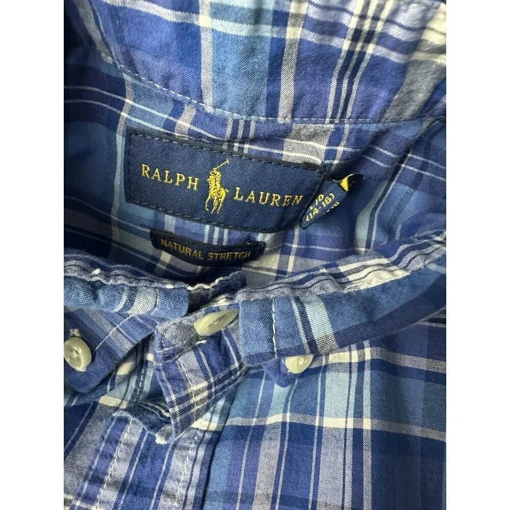 Ralph Lauren Performance Plaid Button-Down Shirt - Blue Kid's Size L 14-16